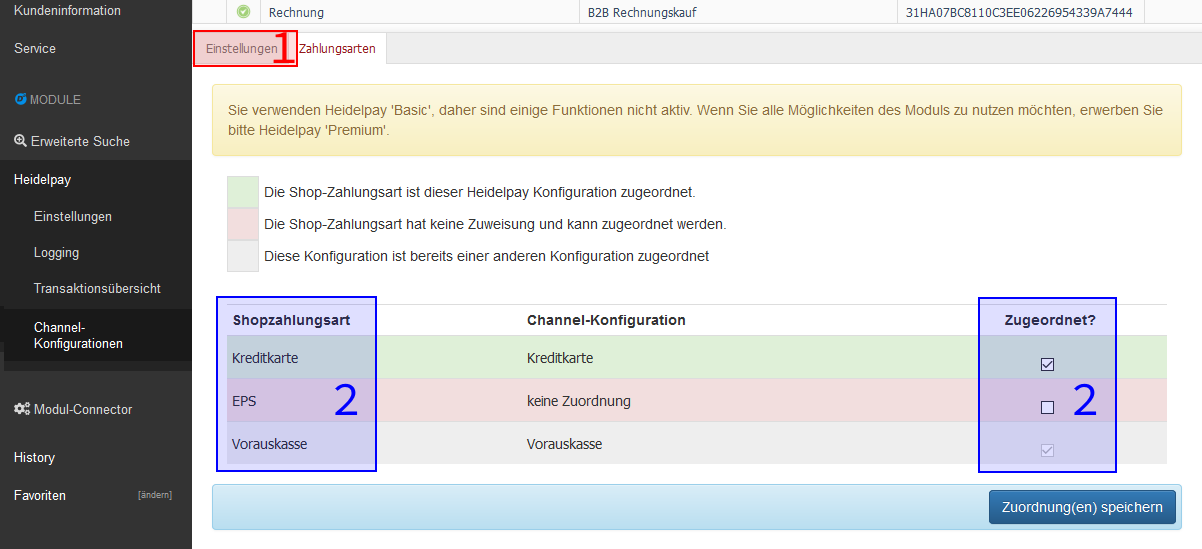 Zuordnungen der Shop-Zahlungsarten zu der aktuellen Channel-Konfiguration