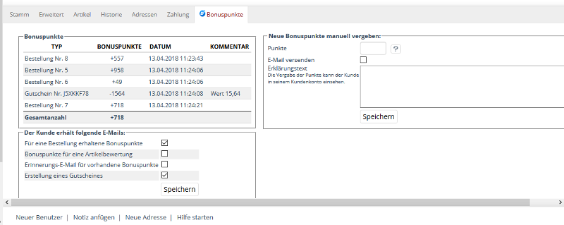 Tab Bonuspunkt am Benutzer