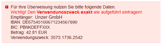 Zahlungsinformationen für Rechnungskauf und Vorkasse anzeigen lassen