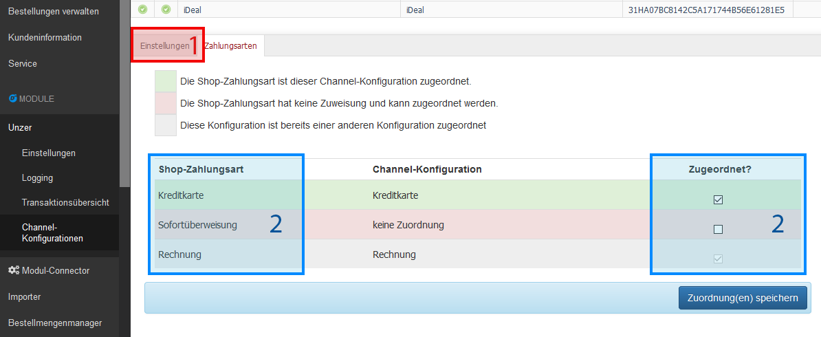 Zuordnungen der Shop-Zahlungsarten zu der aktuellen Channel-Konfiguration